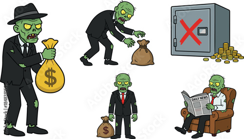 Business zombie cartoon set, greedy undead characters stealing money, wealth satire illustration isolated on white background vector design finance concept