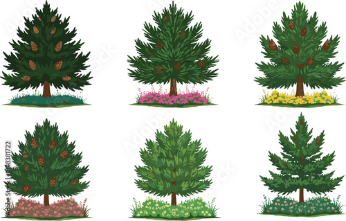 Beautiful pine tree forest with green leaves, cones, and colorful flowers vector illustration set, decorative natural landscape design illustration cartoon