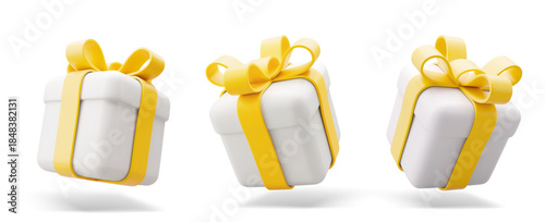 3d gift box with golden bow plastic box with shadow vector illustration