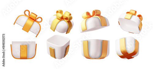 3d gift box with golden bow plastic box with shadow vector illustration
