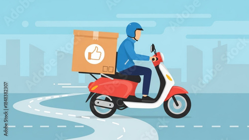 Delivery man riding a scooter with a package fast shipping and logistics concept flat design illustration for e-commerce