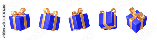 3d gift box with golden bow plastic box with shadow vector illustration