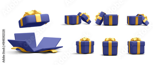3d gift box with golden bow plastic box with shadow vector illustration