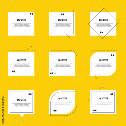 Quote box frame big set. Quote box icon. Texting quote boxes. Blank template quote text info design boxes quotation bubble blog quotes symbols.
