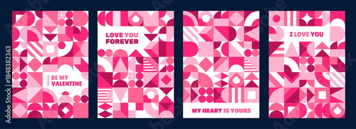 Valentine day holiday greeting cards with geometric shapes pattern, vector posters. Valentine day, wedding or marriage greeting cards with love forever quotes and abstract geometric or mosaic shapes