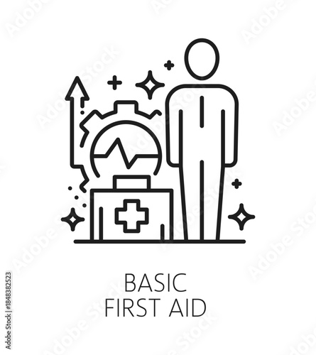 Basic first aid life skills line icon or emblem. Personality potential lineart vector pictogram, Human qualities linear icon. First medical aid skills outline symbol with person and emergency kit
