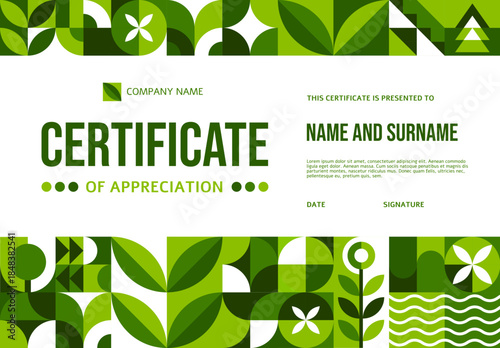 Ecology diploma certificate with geometric Bauhaus pattern. Environment protection Bauhaus abstract shapes vector certificate, ecology sustainability diploma. Nature saving official award letter