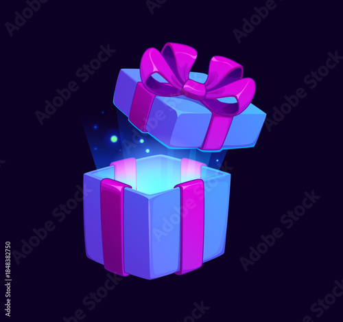 Cartoon opened gift box game icon or item. PC game victory prize vector icon, videogame reward item. Computer gaming or arcade object of blue opened box glowing inside, decorated pink ribbon bow