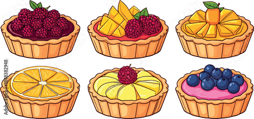 Assorted Fruit Tarts Set with Berries and Citrus Desserts Illustration