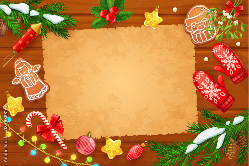 Obraz premium Christmas old scroll parchment with winter Xmas holiday decorations and sweets, vector greeting card. Christmas scroll or blank parchment letter with gingerbread cookies, holly Xmas baubles frame
