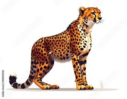 Majestic cheetah standing gracefully with a watchful gaze on white background