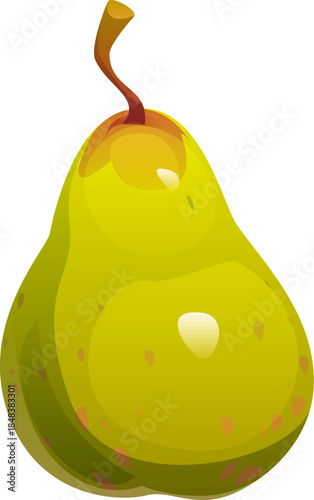 Cartoon raw ripe green pear fruit with subtle brown speckles and a curvy stem, featuring smooth shading and a glossy surface. Isolated vector healthy food, sweet dessert, fresh whole pear garden plant