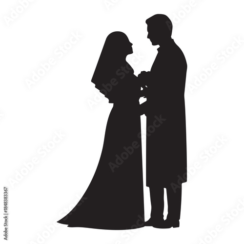  A silhouette of a bride and groom standing close together and looking into each other's eyes.