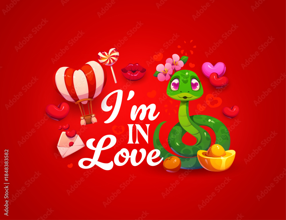 Fototapeta premium Happy Valentine Day quote I am in love with funny snake, vector greeting card. Cartoon snake in love with hearts in eyes, hot air balloon and kiss lips or love message envelope letter and lollipop