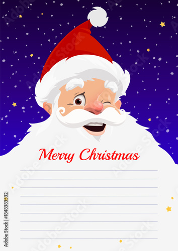 Christmas wishlist letter with Santa white beard used as writing space for holiday wishes. Cartoon vector template features red Santa hat, mustache and beard for text placement. Gift checklist