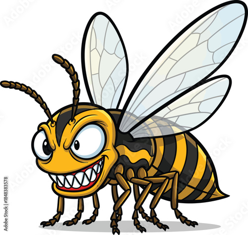 Fierce cartoon wasp mascot with a menacing grin and sharp pointy teeth.