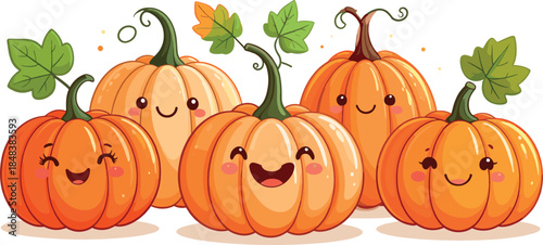Cute Kawaii Pumpkins Cartoon Illustration with Smiling Autumn Harvest Characters