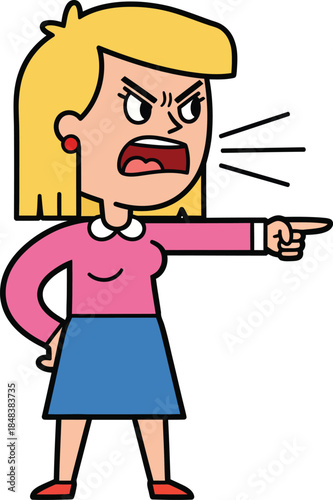 Furious cartoon woman with blonde hair shouting and pointing her finger accusingly.