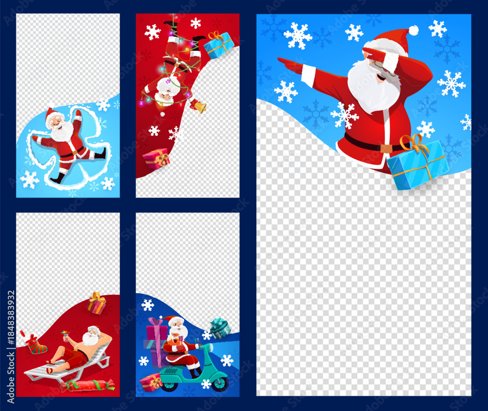 Obraz premium Christmas banners, photo frames and xmas holiday social media post templates. Vector cartoon vertical blank borders with playful Santa, snowflakes and gifts. Winter festive seasonal backgrounds set