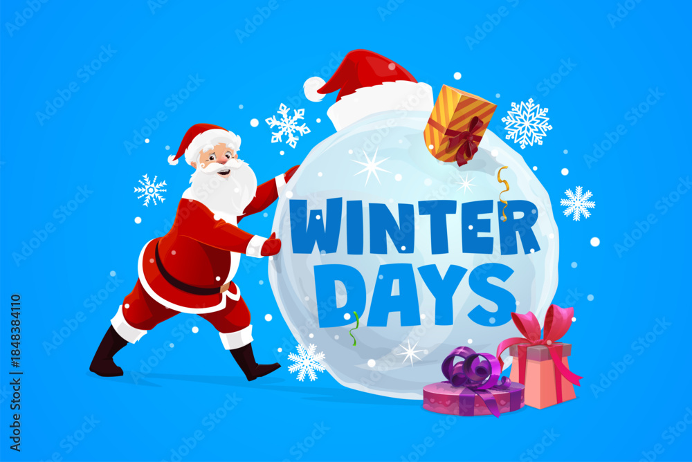 Fototapeta premium Christmas greeting card quote winter days on blue background. Vector festive Christmas card with Santa decorating a snowball wearing his hat as decoration. Banner with quote for holiday greetings