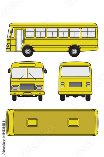 A clean vector showcases a school bus from four sides, top, side, front, and rear, highlighting structure, symmetry, and functional details in a clear and informative visual presentation.