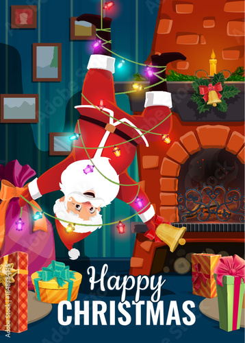 Merry Christmas holiday greeting card, Santa Claus hanging on a garland upside down in room. Vector cartoon shows festive interior with fireplace, holiday gifts, and Christmas decorations