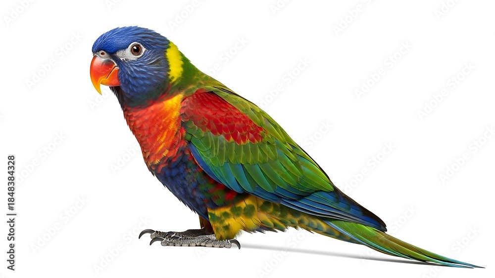 Obraz premium Stunning Rainbow Lorikeet Parrot Profile Isolated on White: Detailed Studio Shot of an Exotic Tropical Bird with Bright Blue, Red, and Green Plumage, Ideal for Design Projects