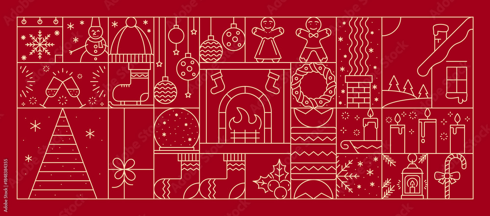 Fototapeta premium Christmas holiday line background with xmas ornament. Vector festive decorative pattern with outline fireplace, wreath, stockings, candles and snowflakes, tree, gifts and seasonal winter landscape