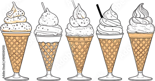 Hand Drawn Ice Cream Sundae Cones Set