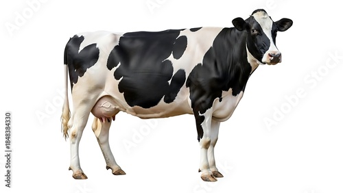 Detailed Portrait of a Black and White Holstein Cow Standing Still, Ideal for Dairy Farming, Meat, or Livestock Production Assets Isolated on Pure White Background