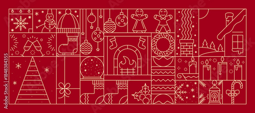 Christmas holiday line background with xmas ornament. Vector festive decorative pattern with outline fireplace, wreath, stockings, candles and snowflakes, tree, gifts and seasonal winter landscape