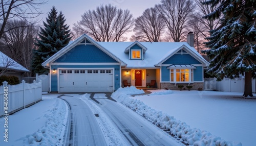Snow-covered house with blue exterior and scenic winter landscape.
