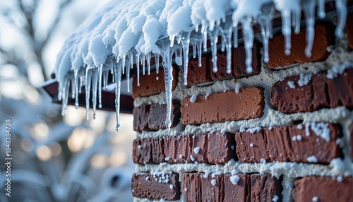 Icicles hanging from a snowy brick structure.