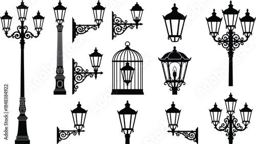 Vintage street lamp silhouette collection, classic lantern light set isolated on white background vector illustration for urban decor, logo, design
