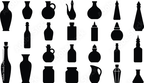 Black bottle silhouette collection, vintage glass container shapes set isolated on white background vector illustration design for packaging icon artwork