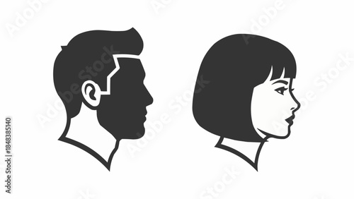 Silhouette profiles of a man and a woman facing each other.