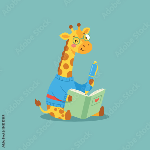 A cute cartoon giraffe wearing glasses and a blue sweater sits on a teal background, happily writing in a green notebook with a blue pen.