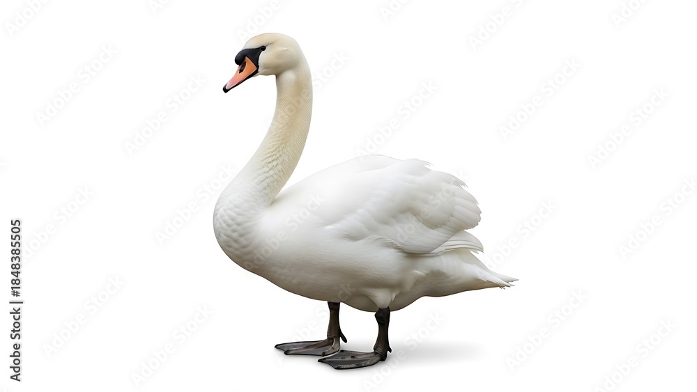 Obraz premium Elegant Mute Swan Standing Isolated on White Background with Clipping Path - Detailed Profile View of Majestic White Bird, Symbolizing Grace and Purity for Design Projects and Wildlife Education.
