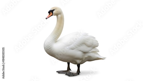 Elegant Mute Swan Standing Isolated on White Background with Clipping Path - Detailed Profile View of Majestic White Bird, Symbolizing Grace and Purity for Design Projects and Wildlife Education.
