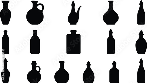Black bottle silhouette set, glass container shapes collection isolated on white background minimalist icon illustration design vector graphic template artwork
