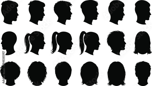 Male and female head profile silhouette collection showing hairstyles faces avatars for identity design character creation illustration set