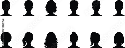Male and female head silhouette avatar set with diverse hairstyles for profile identity user interface character design illustration
