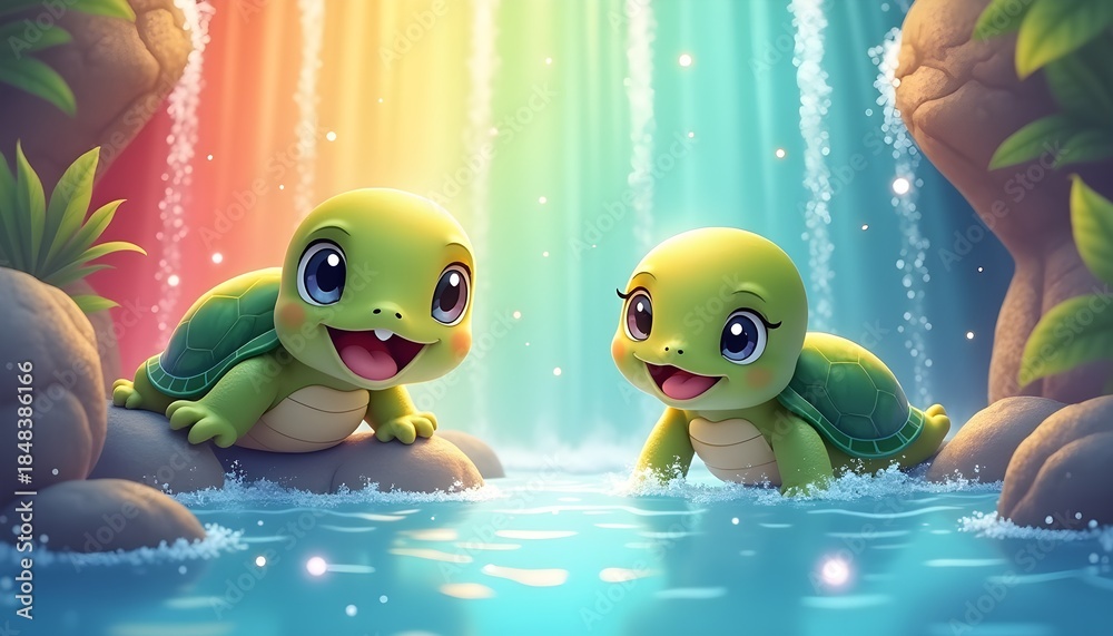 Fototapeta premium Two cheerful baby turtles play happily in sparkling turquoise water before a magical, rainbow-colored waterfall.