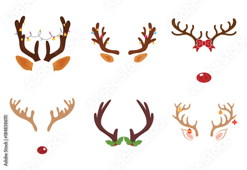 Christmas Reindeer Antlers Vector Set. Deer Horns with Ears, Lights and Red Nose. Holiday Headband Elements for Photo Booth Props and Masks.