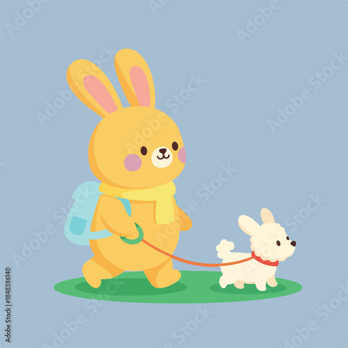 A cute yellow cartoon bunny wearing a scarf and backpack walks a fluffy white dog on a leash across green grass, set against a simple blue background.