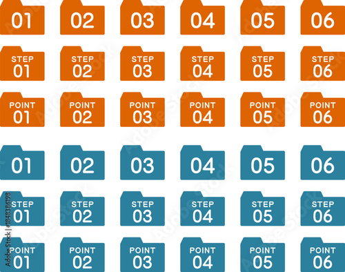 手順や流れを示すステップ番号とポイント番号のフォルダのラベルのアイコンセット（Icon set of folder labels with step numbers and point numbers to indicate procedures and flows）
