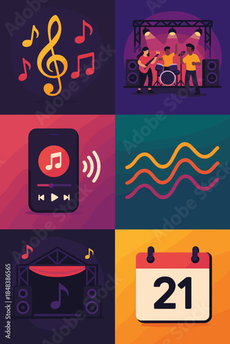 Vibrant music and calendar icons in colorful squares