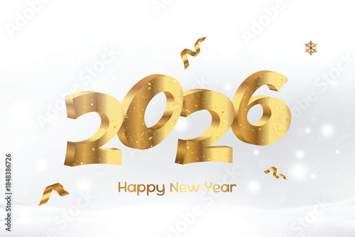 Golden 2026 New Year greeting design with sparkling confetti and a clean white festive background. Vector illustration for holiday banners, greeting cards and celebration graphics.