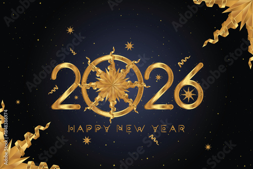 Happy New Year 2026 greeting card with golden numbers and decorative ribbon star on a dark background. Luxury festive design for holiday celebration and banner. Flat vector illustration EPS10.