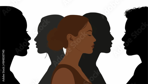 Woman in profile surrounded by silhouettes of other people.